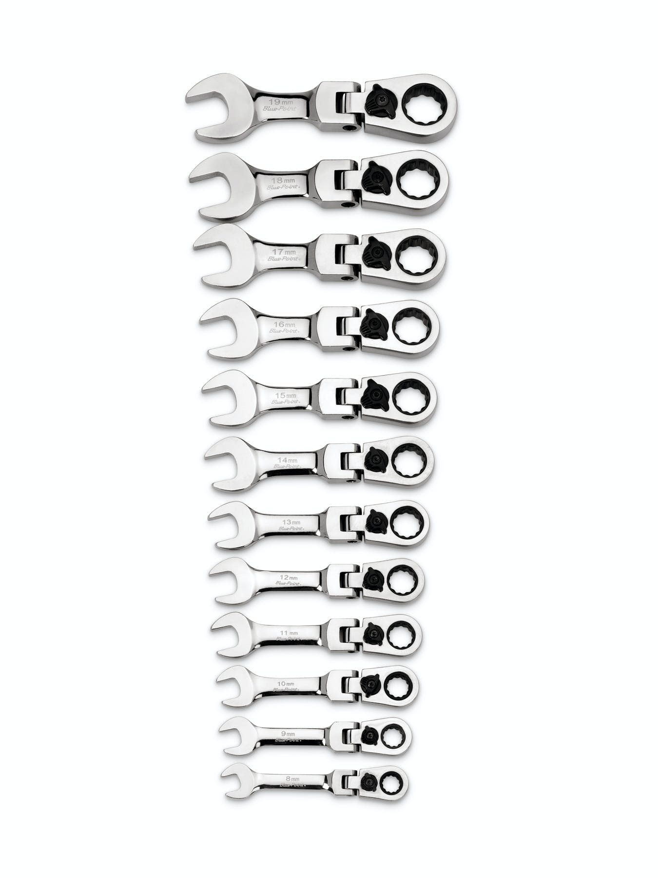 12 pc 12-Point Metric Midget 15° Offset Box Flex-Head Ratcheting Combination Wrench Set (8-19 mm) (Blue-Point®) | BOERMSF712 12 pc 12-Point Metric Midget 15° Offset Box Flex-Head Ratcheting Combination Wrench Set (8-19 mm) (Blue-Point®) | BOERMSF712